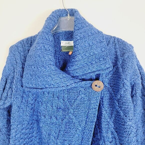 Quills Ireland Aran Knit Wool Side Blue Button Cardigan Size Small - Picture 3 of 7